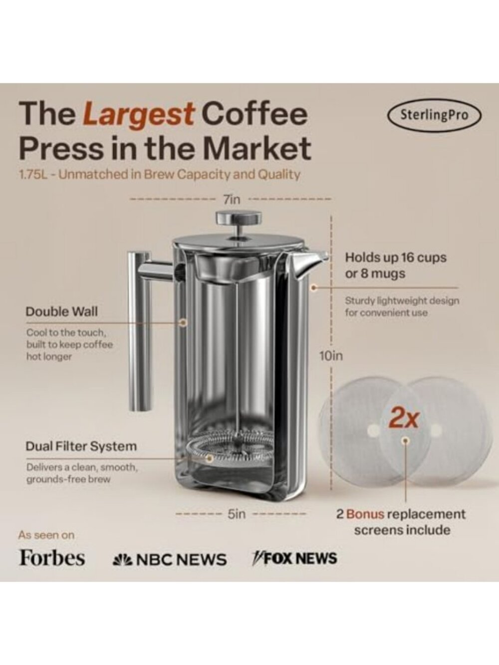 Extra Large Non-Toxic Insulated Stainless Steel French Press - 64oz Capacity, 16 - Picture 3 of 6